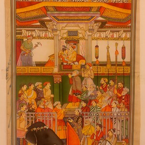 Indian Hand Painted Mughal Darbar Dynasty Court Scene Gold Miniature Detailed Art Work Home and Interior Decor Exquisite Intricate Art Piece