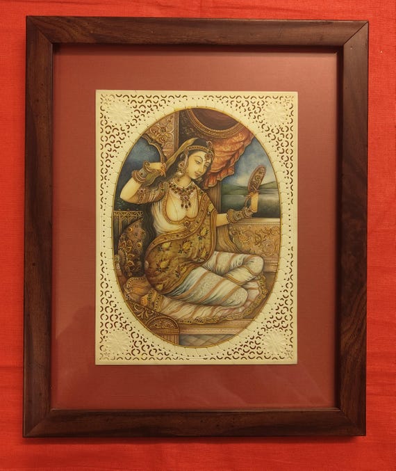 手作りのロイヤル・ラギニ宝石細工絵画：額入りラジャスタンミニチュア 
