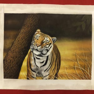 Royal Bengal Tiger Miniature Painting | Handmade Wildlife Art on Cotton Cloth - Rajasthani Original Wall Decor Art Work - Udaipur Fine Art