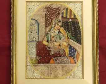 ムガル帝国の王バーブルの肖像画、インドの細密画、ラージャスターン