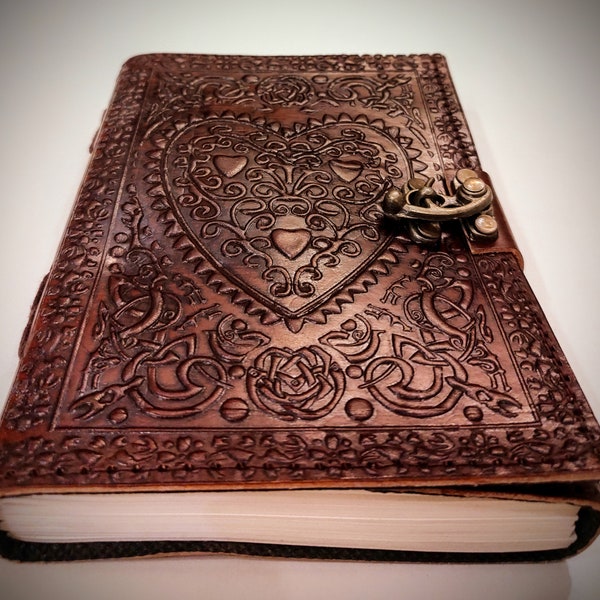 Heart - Star - Tree Embossed Handcrafted Leather Bound Journal , Vintage A5 Size Writing Notebook , Unlined Recycled Refillable Paper Diary