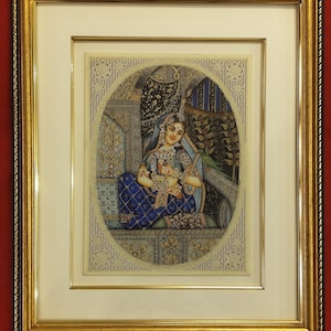Finest Handmade Mughal Queen Original Miniature Painting – Framed with Intricate Gemstone Work - Royal Rajasthani Maharani Royal Art Work