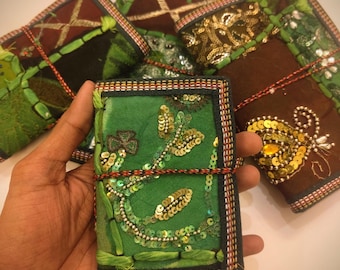Green Sari Fabric Colorful Patchwork Journal – Handmade Refillable Eco-Friendly Cotton Paper Notebook | Sustainable Gift