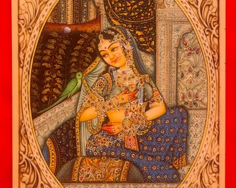 Hand Painted Mughal Maharani Queen Shringar Ras Detailed Miniature Painting Synthetic Ivory Home Interior Decor Exquisite Intricate Art Work