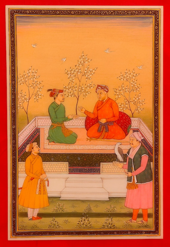 Mughal Jahangir Court Scene Miniature Painting, Indian Wall Decor