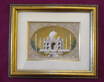 Indian Hand Painted Golden Taj Mahal Miniature Painting Framed Synthetic Plate Rare and Delicate Natural  Colors art beautiful Home decor
