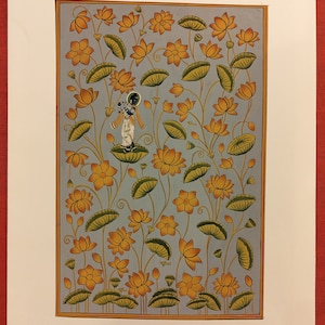 Golden Floral Pichwai, dipinto a mano in miniatura indiana delicata e raffinata, dipinto originale Hindi Pichwai, arte in miniatura di Udaipur
