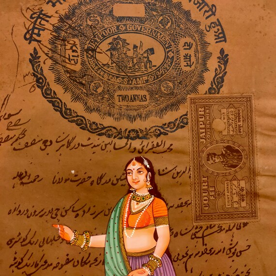 Royal Maharani Miniature Painting: Mughal Queen Art on Old Stamp