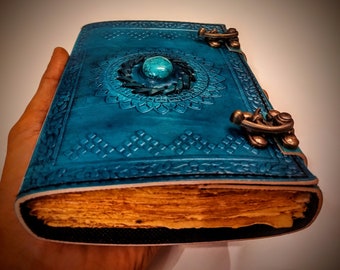 Blue Colored Handcrafted Locked Blue Stone Embedded Leather Bound Stitched Journal - 200 Vintage Refillable Pages - Writing Notepad Diary