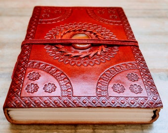 Semi Precious Stone Embossed Leather Bound Notebook, Stoned Leather Journal, Unlined Leather Notebook Handmade Diary Medium Size 5 by 7
