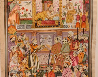 Mughal Court Scene Miniature Painting: Indian Dynasty Art on Old