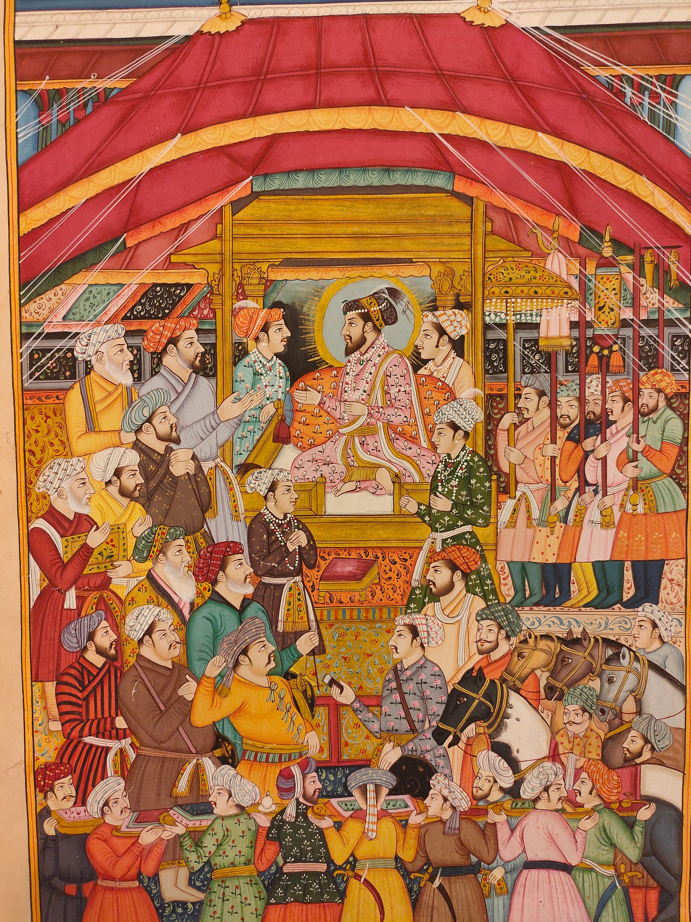 Mughal Court Scene Miniature Painting, Udaipur Art on Old Paper