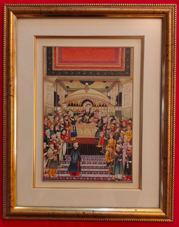 Mughal Court Scene Painting, Original Framed Indian Miniature Art
