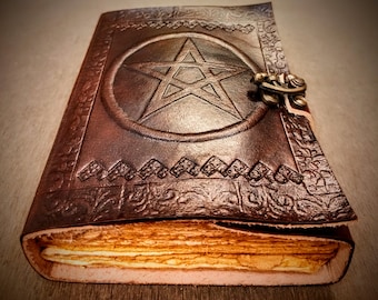 Large A5 Pentagram Embossed Handmade Vintage Leather Journal - Writing Notepad for Him / Her , Leather Grimoire Medieval Book - Travel Diary