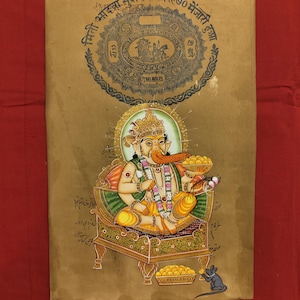 Hand Painted Indian God Lord Ganesha Ganpati Detailed Fine Miniature Painting Old Stamp Paper Interior Decor Rare Miniature Art Mythology