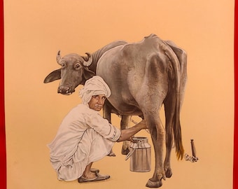 Milkmen Indian Miniature Painting, Cow Milk Traditional Artwork, Exclusive Portrait Collection Paper Painting