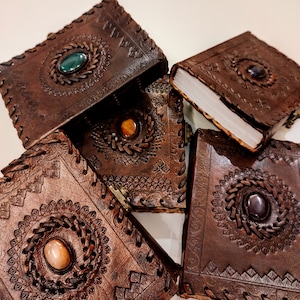 Handcrafted Leather Bound Colourful Stone Embedded Thick Journal - Stitched A5 Writing Notepad - Unisex Travel Journal - Book of Shadows