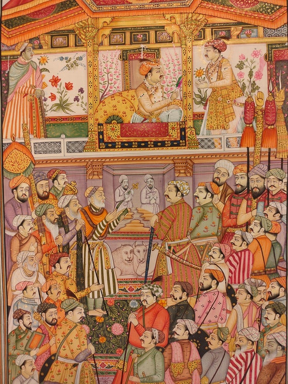 Mughal Court Scene Miniature Painting: Indian Dynasty Art on Old