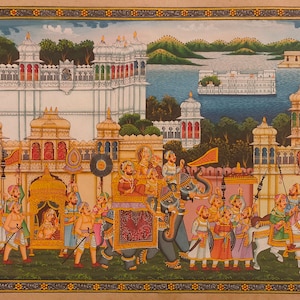 Miniatura indiana dipinta a mano raffigurante una processione del Rajasthan, opera d'arte per la decorazione murale della casa, intricata scena di matrimonio di Udaipur.