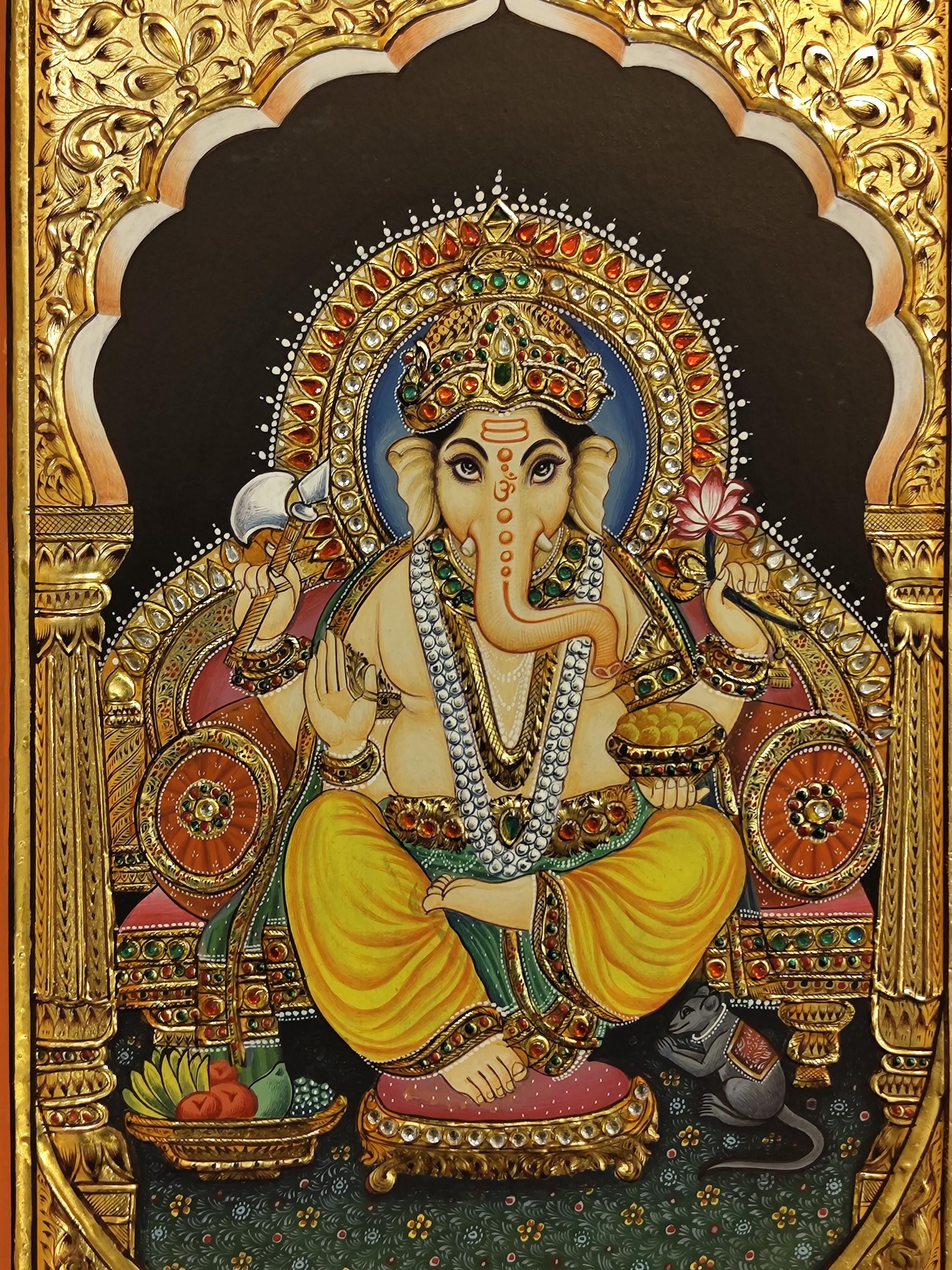 インド伝統細密画 手描き 象 ガネーシャ 金彩調 シルク画 額装約35×32cm il_fullxfull.6831798669_743n.jpg