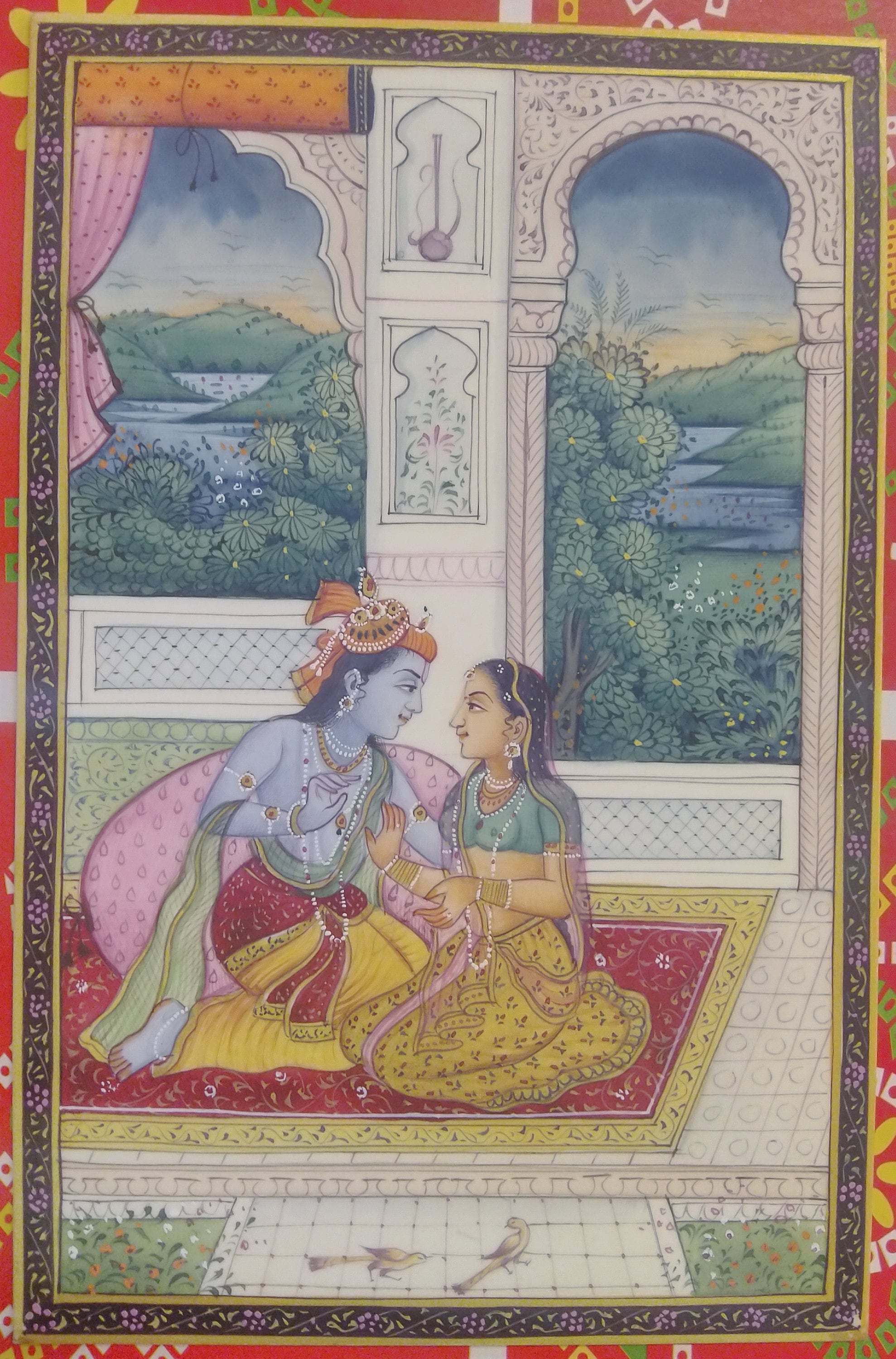絵画 インド 古物 手描きのクリシュナ ラダ ミニチュア絵画 アート作品 インドの天然色