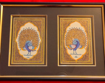 Framed Peacock Miniature Painting: Indian Wildlife Art on Camel Bone