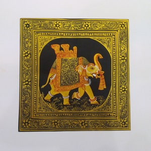 Hand Painted Indian Miniature Painting , Golden Elephant Art on Silk Cloth , Rajasthani Home Wall Decor , Christmas and New Year Family Gift