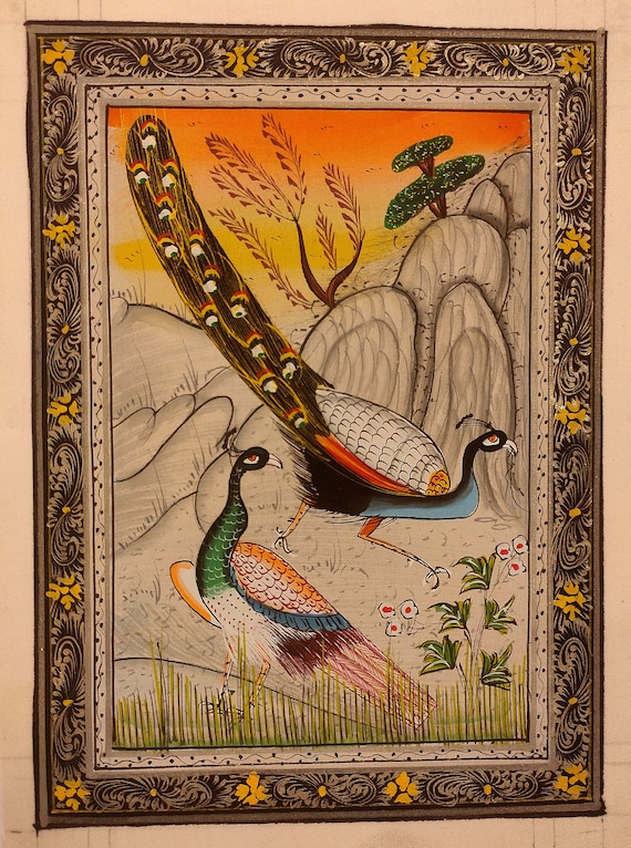 手作りの孔雀の細密画：伝統的なインドのシルクアート - Etsy 日本