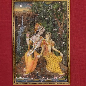 Krishna Radha Miniatur: Kunst auf Imitat - Elfenbein (5 x 7 cm)