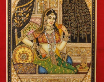 インドの細密画：王と王妃の愛の情景、メーワール・ハーレム・アート