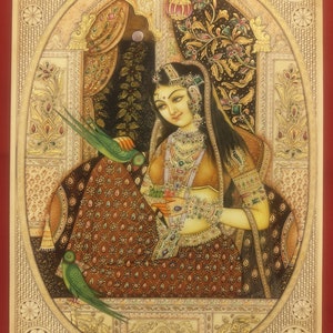 Indian Queen Finest Handmade Indian Golden Gemstone Ragini Miniature Painting , Shringar Ras Finest Rajasthani Wall Decor Masterpiece Art
