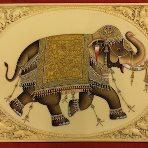 Indian Hand Painting Golden Royal Elephant Miniature Art Work Large Detailed Exquisite Intricate Camel Bone Rare and Finest Carved Udaipur