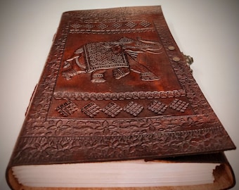 Refillable Handmade Locked Leather Bound Journal - Brown Colored A4 Size Writing Notebook - Elephant - Ganesha - Sun Embossed Vintage Diary