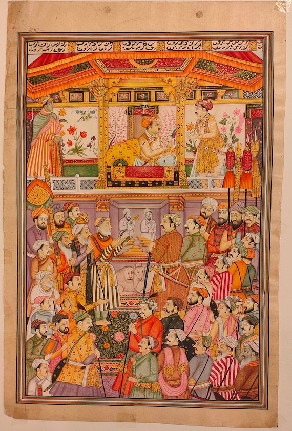 インド宮廷絵画 INDIAN COURT MINIATURE PAINTING Mughal Court Scene Miniature Painting: Indian Dynasty Art on Old