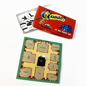 May include: A vintage board game called "Clue?" with a red box and a green game board. The box has a magnifying glass and a cartoon detective on it. The game board has a mansion layout with rooms like "Kitchen", "Ball Room", and "Conservatory".