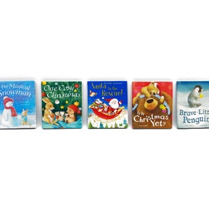 Könnte beinhalten: Fünf Miniatur-Kinderbücher zum Thema Weihnachten mit bunten Umschlägen. Die Titel lauten "The Magical Snowman", "One Cosy Christmas", "Santa to the Rescue", "Is It Christmas Yet?" und "Brave Little Penguin".