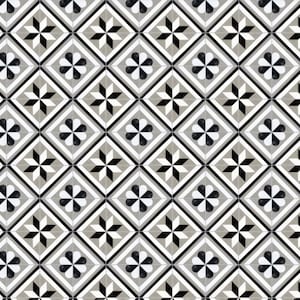 Könnte beinhalten: Ein sich wiederholendes Muster aus quadratischen Fliesen mit geometrischem Design. Jede Fliese zeigt eine zentrale Form, umgeben von stern- und herzförmigen Elementen in Schwarz, Weiß und Grau. Die Fliesen sind in einem Raster angeordnet und erzeugen eine ansprechende Oberfläche.
