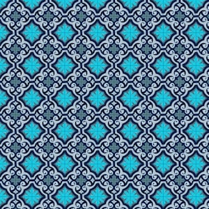 May include: A seamless pattern featuring a repeating geometric design with blue, teal, and white colors. The pattern is made up of interlocking squares and diamonds with intricate floral details.