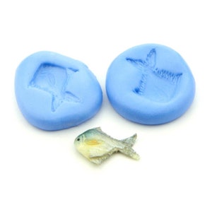 Può includere: Due stampi in silicone blu per realizzare piccole decorazioni a forma di pesce. Gli stampi sono mostrati con una decorazione di pesce finita realizzata in materiale blu chiaro, giallo e bianco.