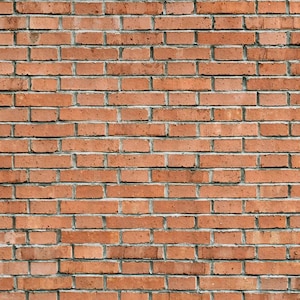 Könnte beinhalten: Eine Backsteinmauer in rot-orange Farbe. Die Steine sind in einem traditionellen Ziegelmuster mit versetzten Reihen angeordnet.