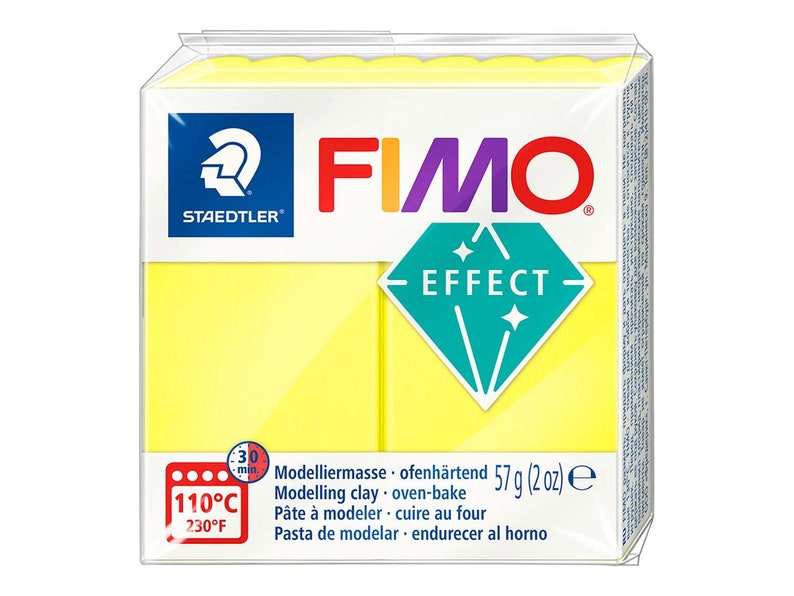 May include: A yellow pack of Fimo Effect modelling clay. The pack features a blue and white Staedtler logo and the text "Fimo Effect" in rainbow colours. The pack also includes the text "Modelliermasse ofenh&auml;rtend 57 g (2 oz) e" and "110&deg;C 230&deg;F".