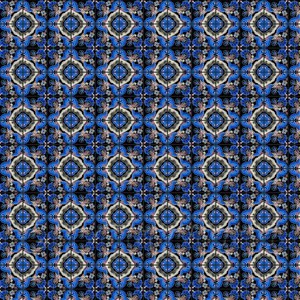 May include: A repeating pattern of blue, white, and black geometric shapes. The pattern is symmetrical and creates a sense of depth and movement.