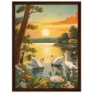 Swan Sunset on the Lake Vintage 1940s Postcard Decorative Wall Art - Premium Matte Paper Wooden Framed Poster