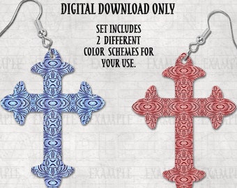 2 Digital designs, for cross earrings, faux tooled leather, blue and brown, jewelry png, religious theme, western theme, faith based design