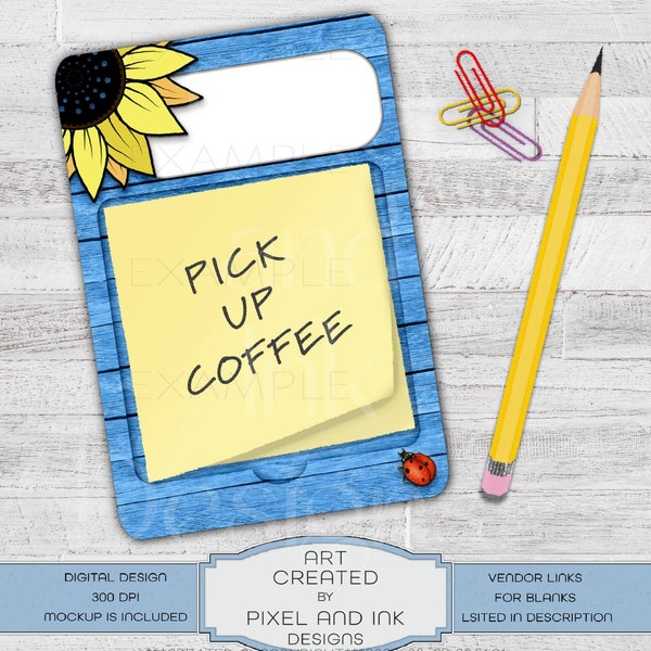Digital design set, sunflower and ladybug, on blue faux wood, notepad holder, sticky pad holder, teacher gift, text free, sublimation design