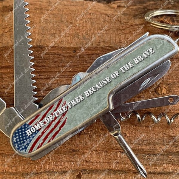 Home of the free because of the brave w/ american flag on faux digital camo/slate.Designed for the multi tool knife from Coneyislandtransfer