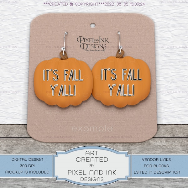 Digital design set, pumpkin shape earrings, it's fall y'all, earring design, sublimation jewelry design, jewelry design PNG, earring png set