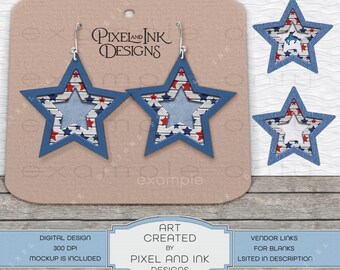 Digtal design, earring design, patriotic design, faux layered wood, 4th of July, red white blue, star shape, Americana bundle, rodeo theme