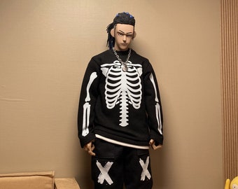 1/6 scale 34cm doll clothes handmade skeleton printed black  t-shirts doll clothing fit sixth scale collectible figures and fashion dolls