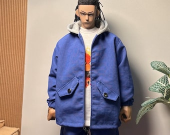 Moletom com capuz para bonecas feito à mão em escala 1/6: Jaqueta azul para bonecas fashion